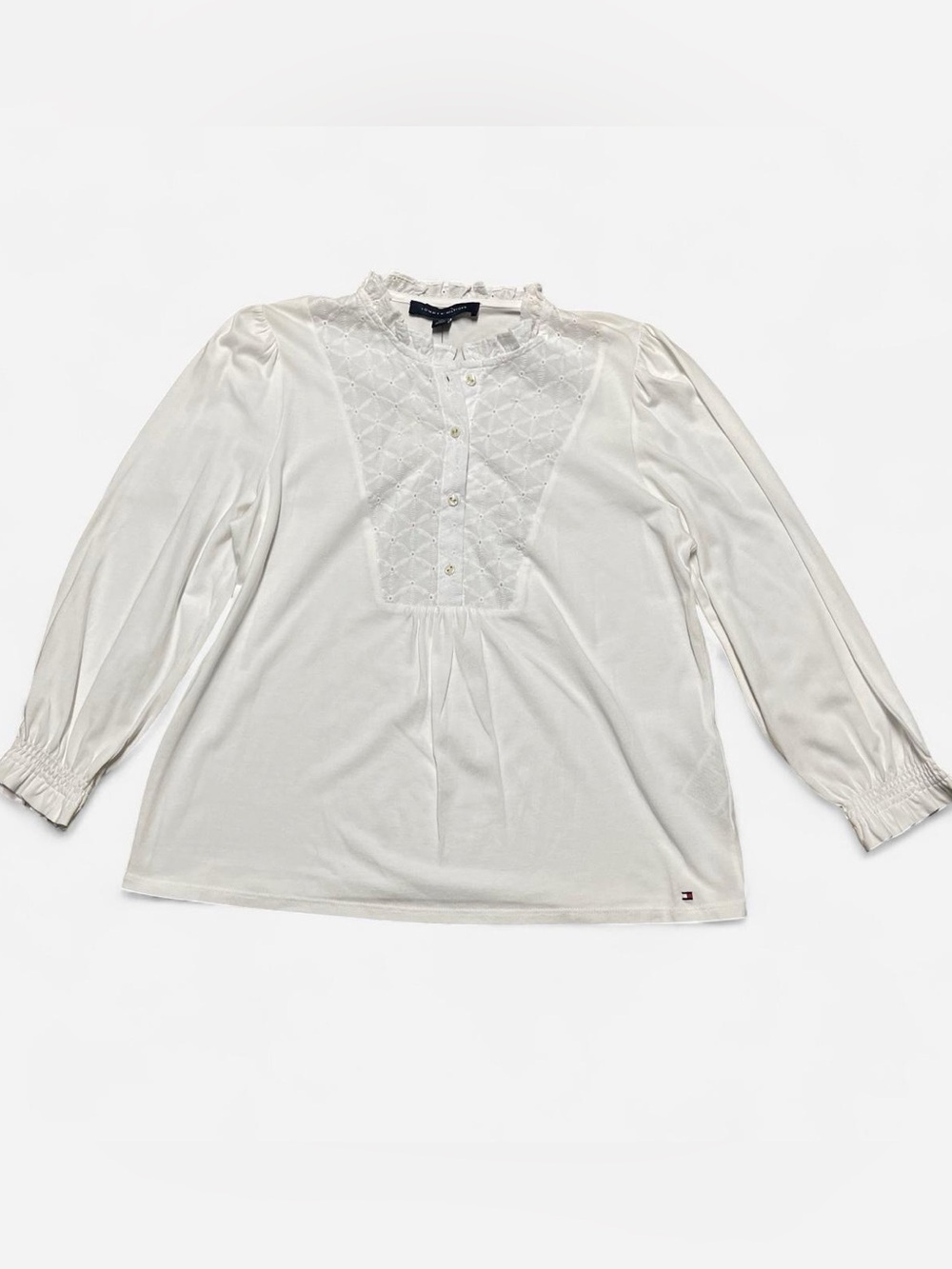 Tommy Hilfiger Women’s Small White Lace Front Ruffle Collar Long Sleeve Blouse